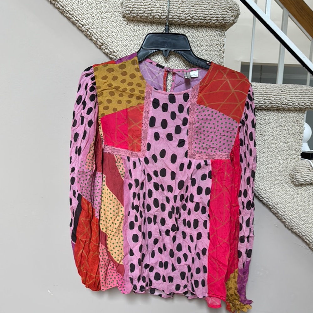 Anthropologie Pink and Orange Graphic Blouse with Mandarin Collar